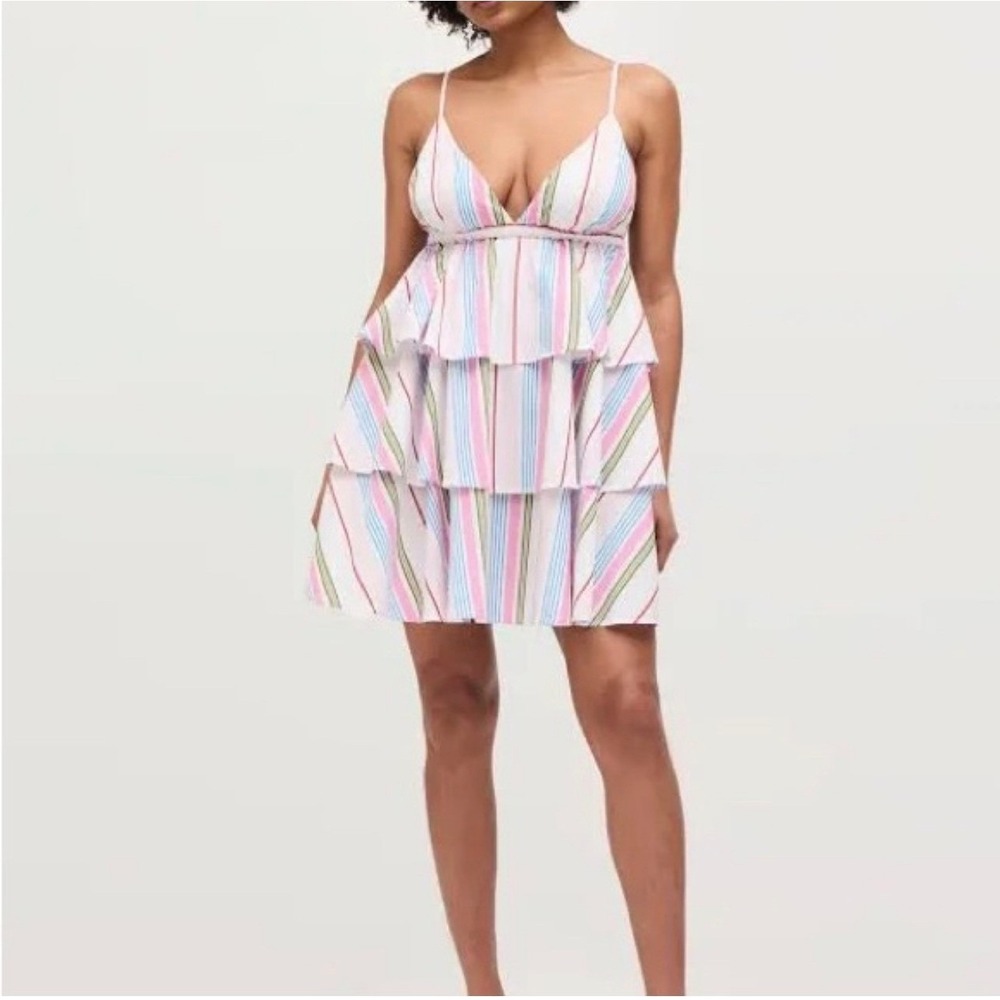 Hill House Home The Gigi Dress Rainbow Stripe Tiered Cotton Mini XS NEW